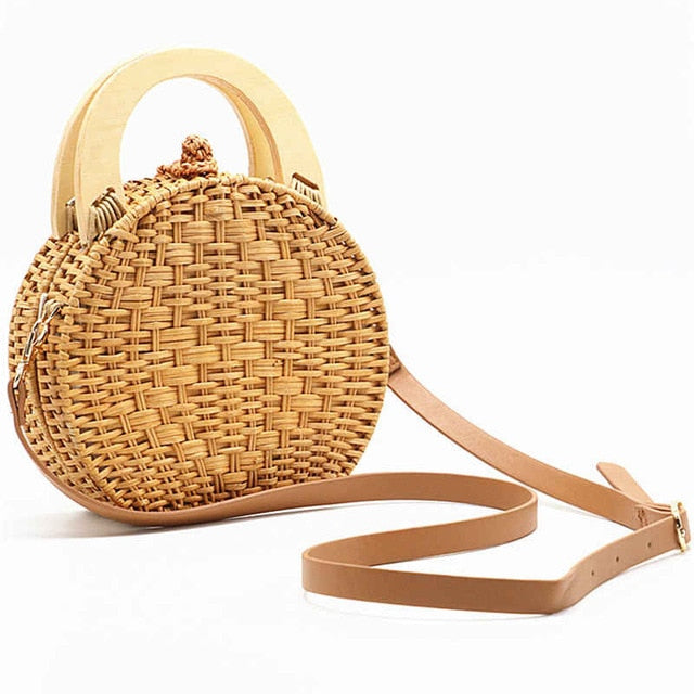 Wooden Handle Rattan Knit Bag